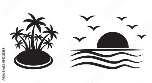 Tropical island silhouette graphic and sunset seaside landscape illustration in simple vector design style
