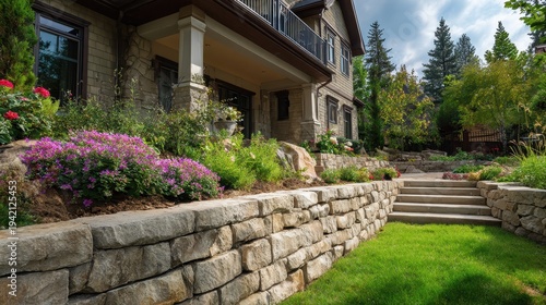 Beautiful residential stone retaining wall and landscaped flower garden