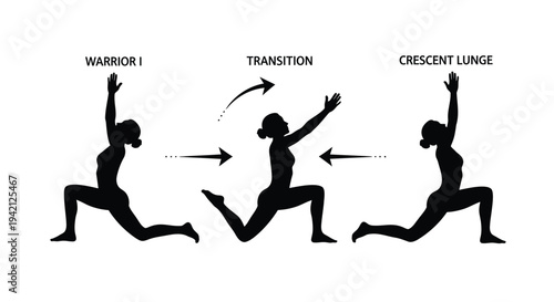 Set of 3 yoga poses vector, woman silhouette in warrior, crescent lunge, transition