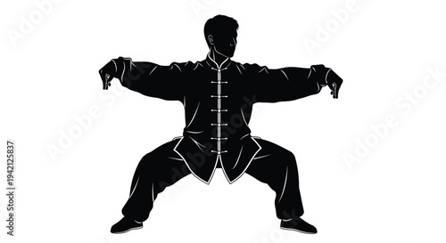 Black silhouette of a man practicing tai chi vector