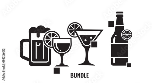 Cocktail bundle illustration featuring beer mug wine glass and martini glass with bottle