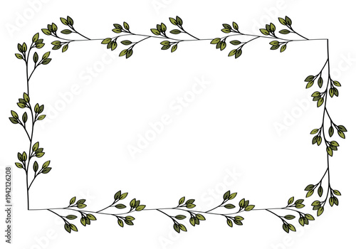Hand drawn rectangular frame of branches and leaves from bushes and trees. Aesthetic border of evergreen plants. Ideal for decorating and framing flyers, greeting cards, covers, posters, invitations.