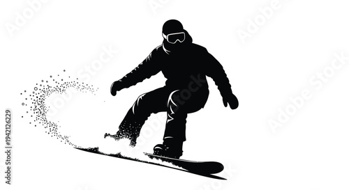 Vector silhouette of snowboarder in action on white background