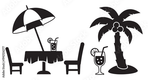 Beachside cafe illustration with umbrella and palm tree silhouette in tropical vacation setting outdoors