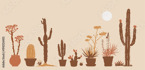 Desert Cactus and Succulent Plants Set in Pots, Minimal Flat Vector Illustration