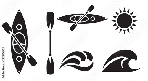 Kayaking elements collection including kayak, paddle, waves, and sun for graphic design projects easily