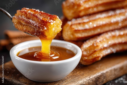 A tempting close-up of a churro being dipped in rich caramel sauce, with more churros piled up on a rustic wooden board, highlighting a sweet treat indulgence.