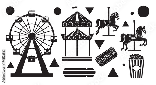 Carnival amusement park elements collection featuring Ferris wheel, carousel, and carousel horses in black illustration