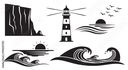 Coastal elements collection including lighthouse, waves, cliffs, seagulls, and ocean sunrise scenes