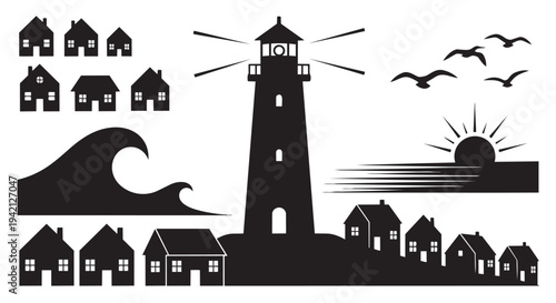 Coastal scene with lighthouse and houses illustration vector graphic design element for coastal living concept