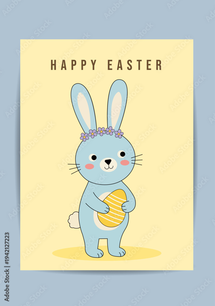 Fototapeta premium Cute Easter Bunny Character Holding Egg Spring Holiday Greeting Card Design For Social Media Banner Poster Marketing Campaign