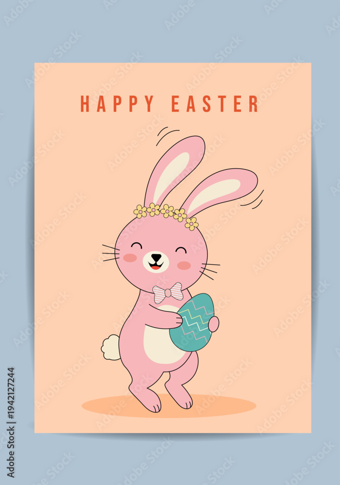 Obraz premium Cute Easter Bunny With Egg Spring Holiday Greeting Poster Design For Social Media Marketing Banner Card And Seasonal Promotion