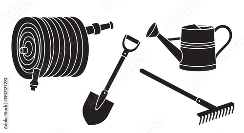 Gardening tools illustration featuring hose, shovel, rake, and watering can for home gardening