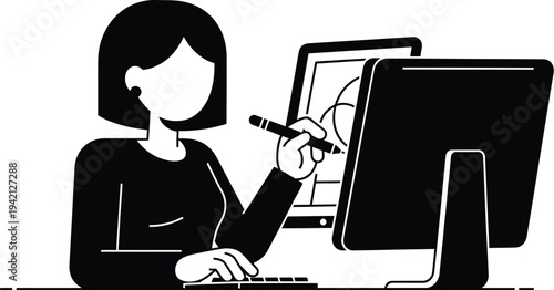 Vector graphic design woman creating art on computer with stylus