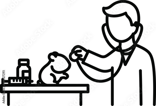 Vector illustration of a man interacting with a teddy bear on a table