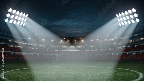 A soccer stadium with bright lights shining down on the green field at night