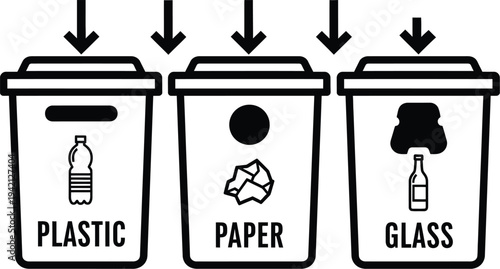 Vector recycling bins for plastic paper and glass