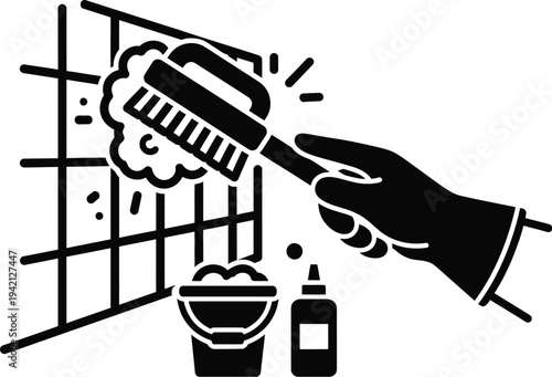 Vector graphic of hand cleaning window with brush and soap