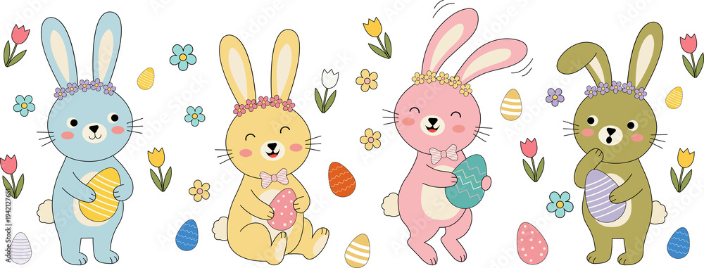 Obraz premium Happy Easter Bunny Family Illustration With Colorful Eggs Spring Holiday Greeting Banner For Social Media Marketing Poster And Celebration Promotion