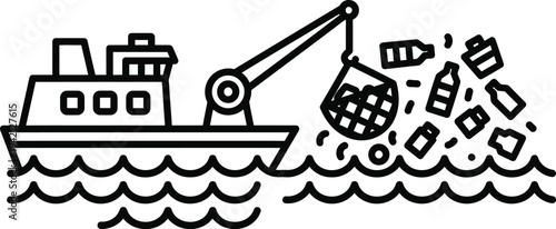 Vector illustration of a fishing boat catching fish in the ocean