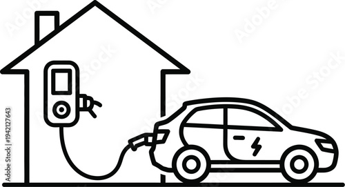 Electric vehicle charging at home with vector graphic
