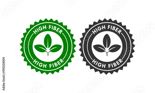 High fiber tamp badge icon with leaf element, isolated on white background. Professional vector seal for healthy food packaging and organic product labeling.