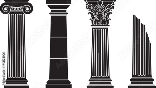 Ancient architectural columns vector set: Ionic, Doric, Corinthian, and broken styles