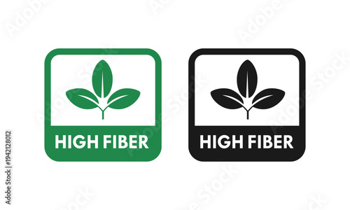 High fiber tamp badge icon with leaf element, isolated on white background. Professional vector seal for healthy food packaging and organic product labeling.