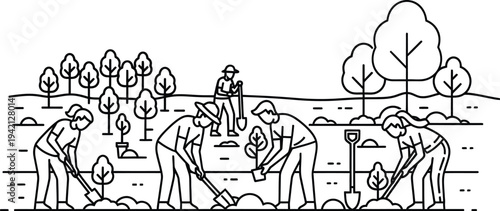 Vector illustration of people working in a garden with trees and landscape