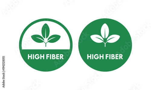 High fiber tamp badge icon with leaf element, isolated on white background. Professional vector seal for healthy food packaging and organic product labeling.