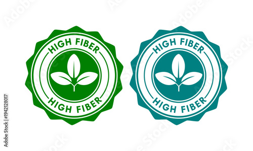 High fiber tamp badge icon with leaf element, isolated on white background. Professional vector seal for healthy food packaging and organic product labeling.
