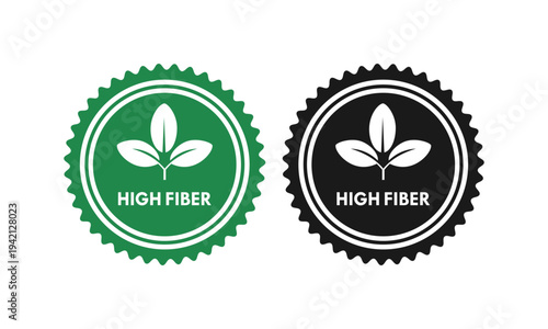 High fiber tamp badge icon with leaf element, isolated on white background. Professional vector seal for healthy food packaging and organic product labeling.