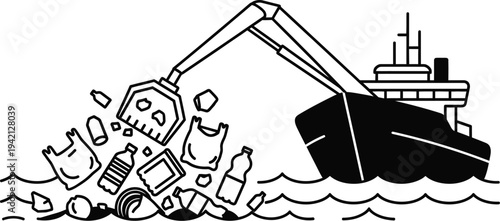 Vector illustration of ship crushing car in ocean water with crane