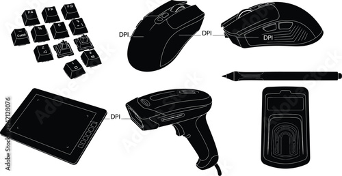 Assorted computer peripherals and input devices are displayed as black outline graphics on a white background for technology.
