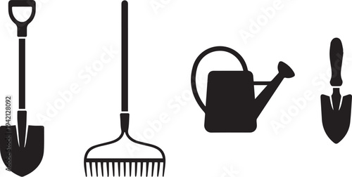 Gardening tools vector set: shovel, rake, watering can, and hand trowel graphic