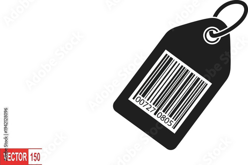Black retail price tag features a prominent vertical barcode symbol angled slightly against a plain white background.
