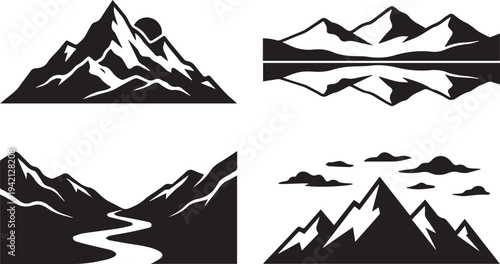 Mountain landscape vector illustrations set. Nature outdoor adventure graphics collection.