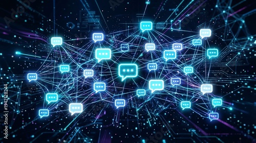 Vibrant network of glowing chat bubbles in modern digital landscape
