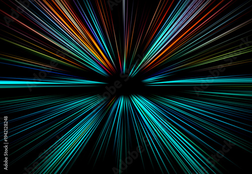 Abstract radial zoom blur surface with vibrant multicolored light streaks creating a dynamic futuristic motion effect on a dark background.
