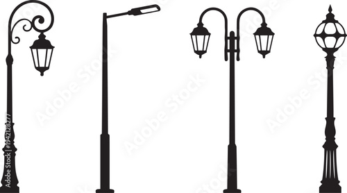 Set of diverse street lamp silhouettes, including modern, vintage, and classic designs.