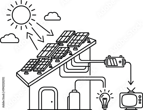 Vector illustration of solar panel system powering home devices