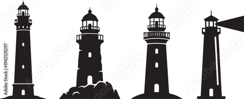 Set of four different lighthouse vector silhouettes on white background