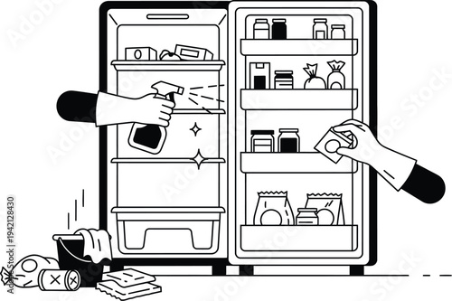 Vector illustration of fridge with open doors and disorganized contents