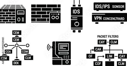 Network security icons depict server racks, firewalls, intrusion detection systems, and virtual private network components.