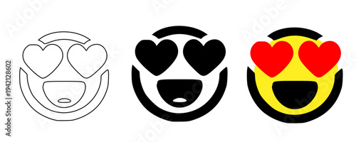 Heart eyes happy emoji icon set vector illustration with outline, solid black and yellow styles, smiling face with big love hearts eyes, romantic admiration reaction symbols for chat, stickers, apps