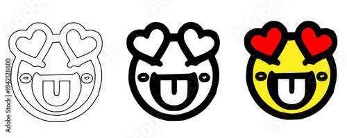 Devil love emoji icon set vector illustration with outline, solid black and yellow styles, naughty smiling face with horns and hearts, playful romantic reaction symbols for chat, stickers, apps and UI