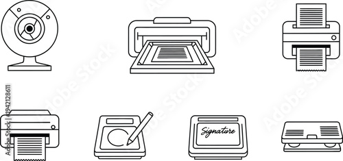 Assembly of peripheral computer hardware icons displays a webcam, various printer types, a digital signature pad, and a.