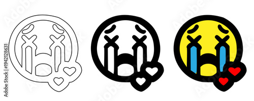 Crying love emoji icon set vector illustration with outline, solid black and yellow styles, sad face with tears and heart symbols, heartbreak emotional reaction collection for chat, stickers, apps, UI