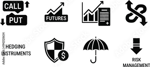 Financial icons represent complex investment strategies such as options trading, futures contracts, risk management,.