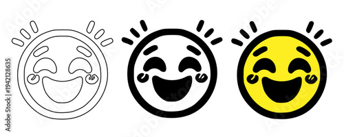 Laughing tears emoji icon set vector illustration with outline, solid black and yellow styles, funny laughing face with tears of joy collection, humorous reaction symbols for chat, stickers, apps, UI
